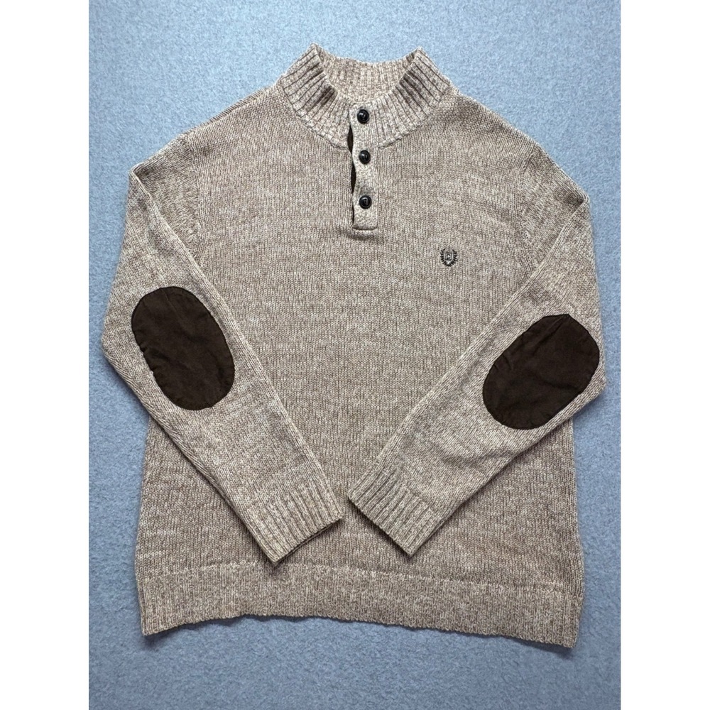 Chaps Mens Tan Marled Cotton Henley Sweater Elbow Patches Large L/G Mock Neck